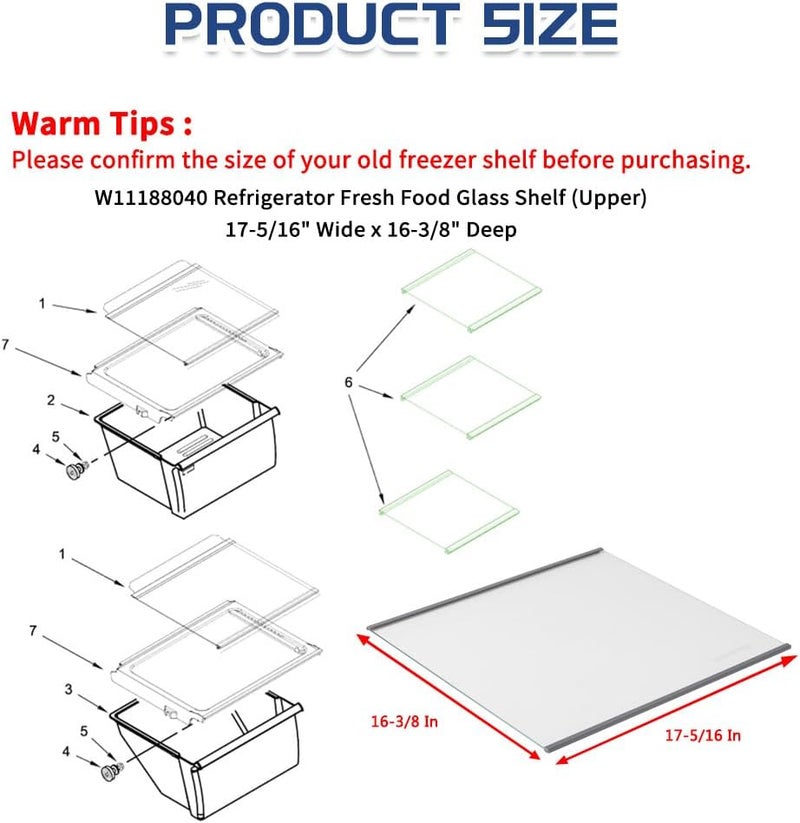KOZHOM [Upgraded] W11188040 Refrigerator Fresh Food Glass Shelf (Upper) fit for Whirlpool/Maytag Refrigerators, Replaces W11135529, 4547258, AP6286990, PS12348757 (1 Pack) - Image 3